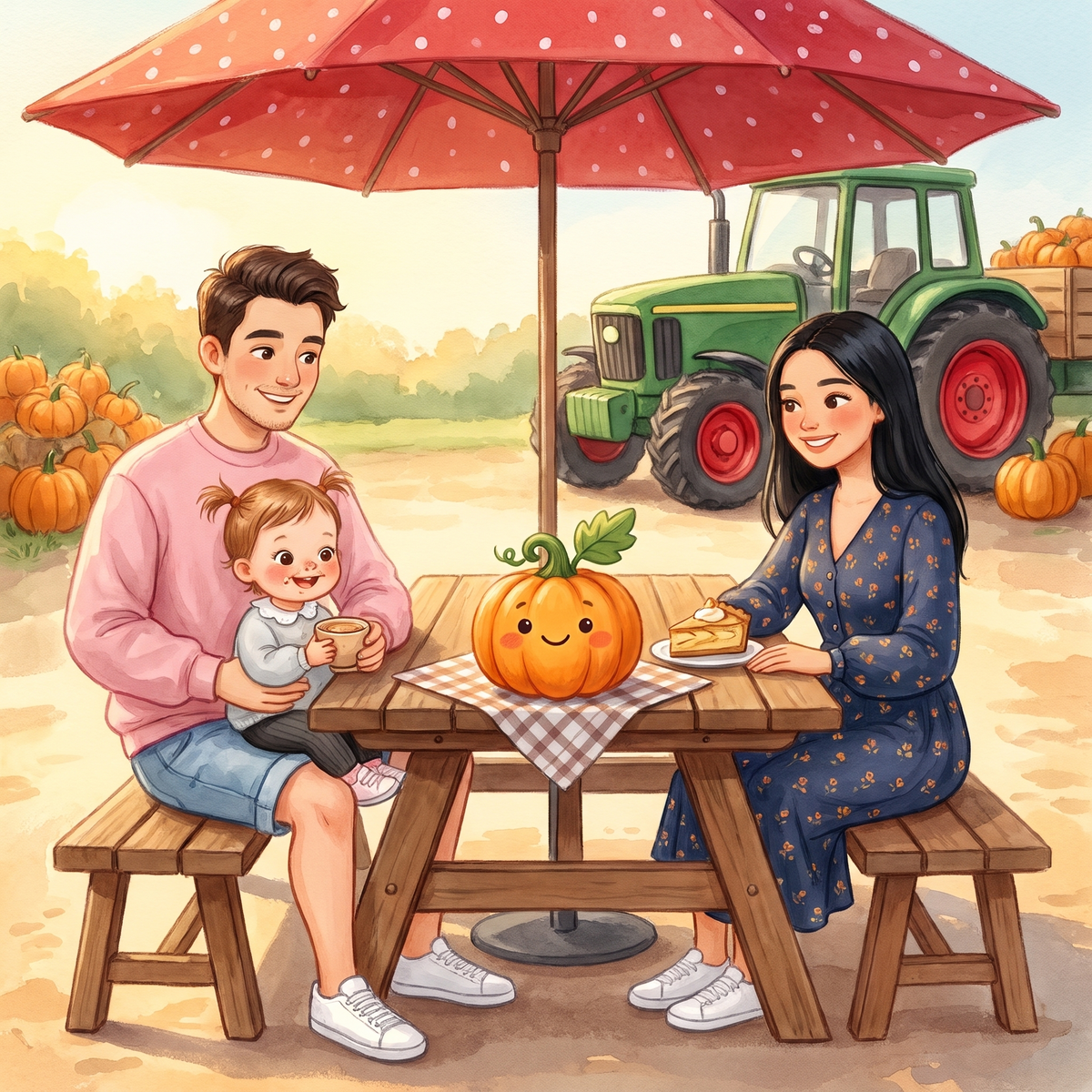 Valentina, Mama und Papa sitzen mit Knubbel am Tisch unter einem roten Schirm